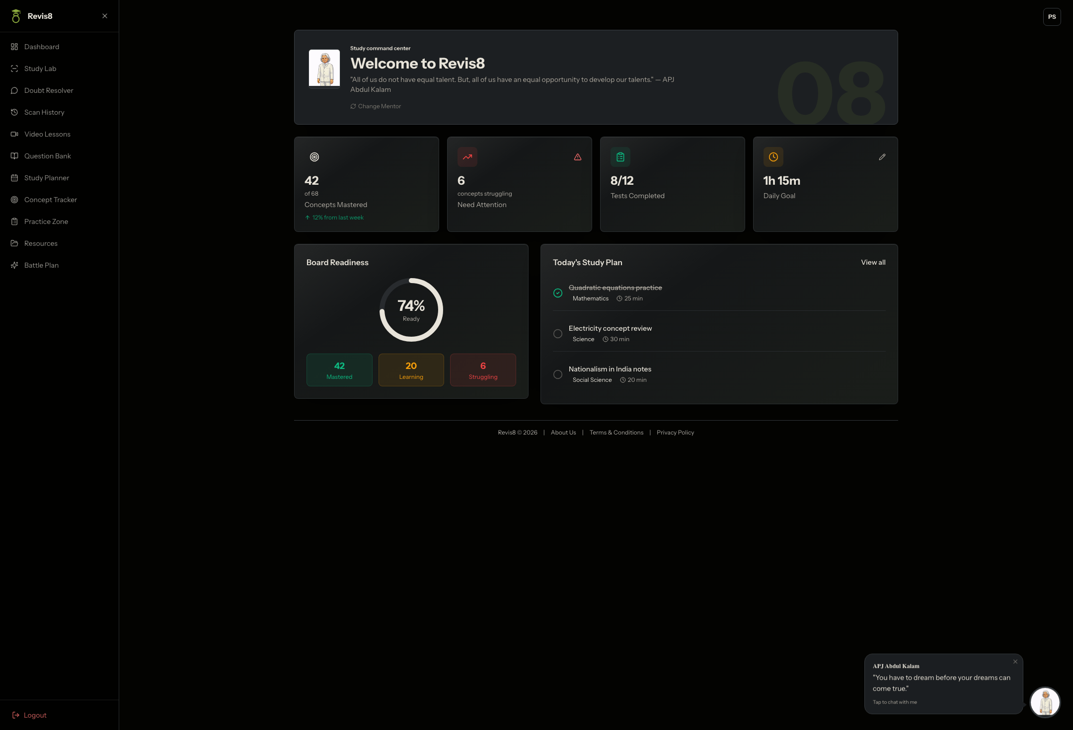 Revis8 dashboard showing a 74% Board Readiness score and study plan